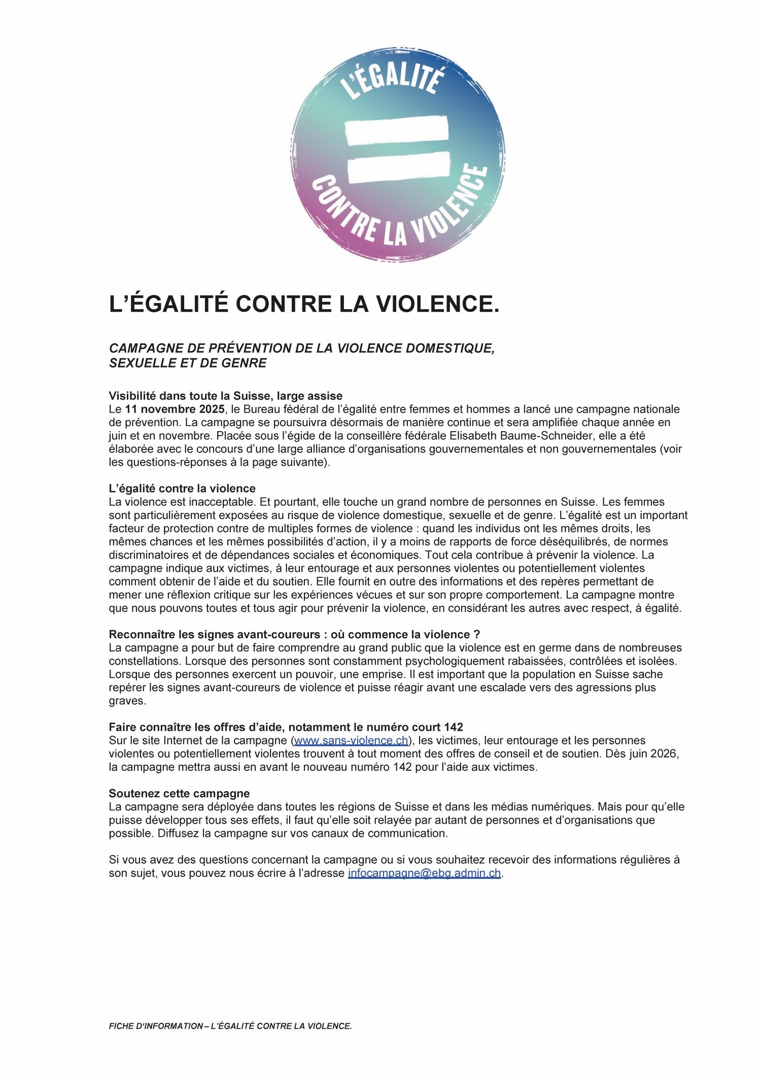 Feuille d'information_campagne de prevention BFEG_F_Seite_1 Faktenblatt zur Kampagne (FR)